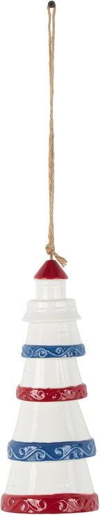 Deco 79 Ceramic Light House Indoor Outdoor Windchime Wind Chime with Brown Rope and Blue and Red Accents, Hanging Ornament 4" x 4" x 21", White