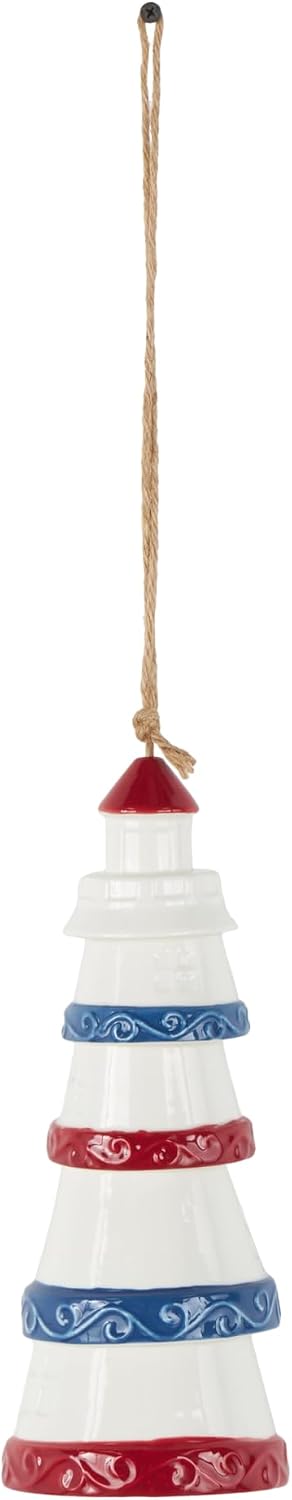 Deco 79 Ceramic Light House Indoor Outdoor Windchime Wind Chime with Brown Rope and Blue and Red Accents, Hanging Ornament 4" x 4" x 21", White