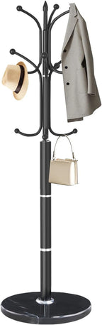 Modern Coat Rack Stand, Metal Freestanding Coat Rack with Natural Marble Base, Heavy-Duty Coat Racks with 12 Hooks,Black Coat Hanger Tree Stand for Office, Entryway, Hallway