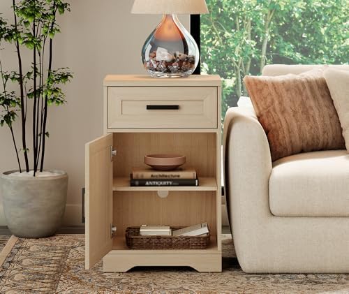 WAMPAT 32-Inch Tall Farmhouse End Table Set of 2 with Drawers and Adjustable Storage Shelves, Wood Side Table with Barn Doors for Living Room,Bedroom,Beige Wood