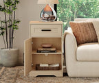 WAMPAT 32-Inch Tall Farmhouse End Table Set of 2 with Drawers and Adjustable Storage Shelves, Wood Side Table with Barn Doors for Living Room,Bedroom,Beige Wood