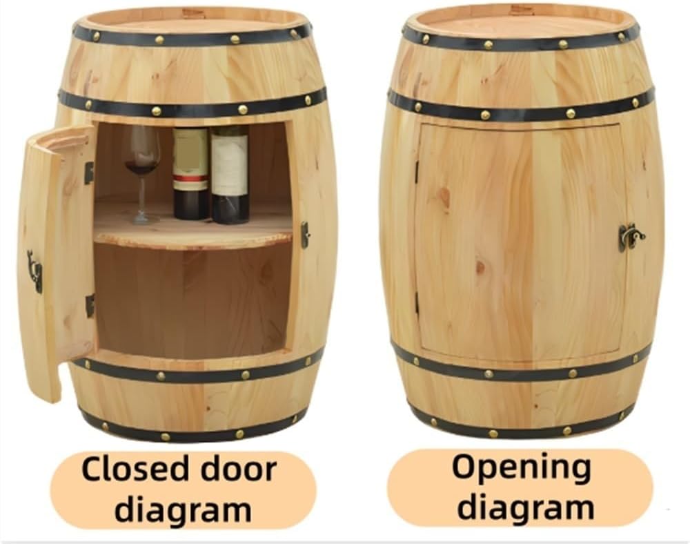 Wooden Whiskey Barrel Table, Wine Cabinet with Storage, Whiskey and Wine Barrel Side Table with Doors for Home, Wine Cellar, Bar(31.49 * 18.89in)