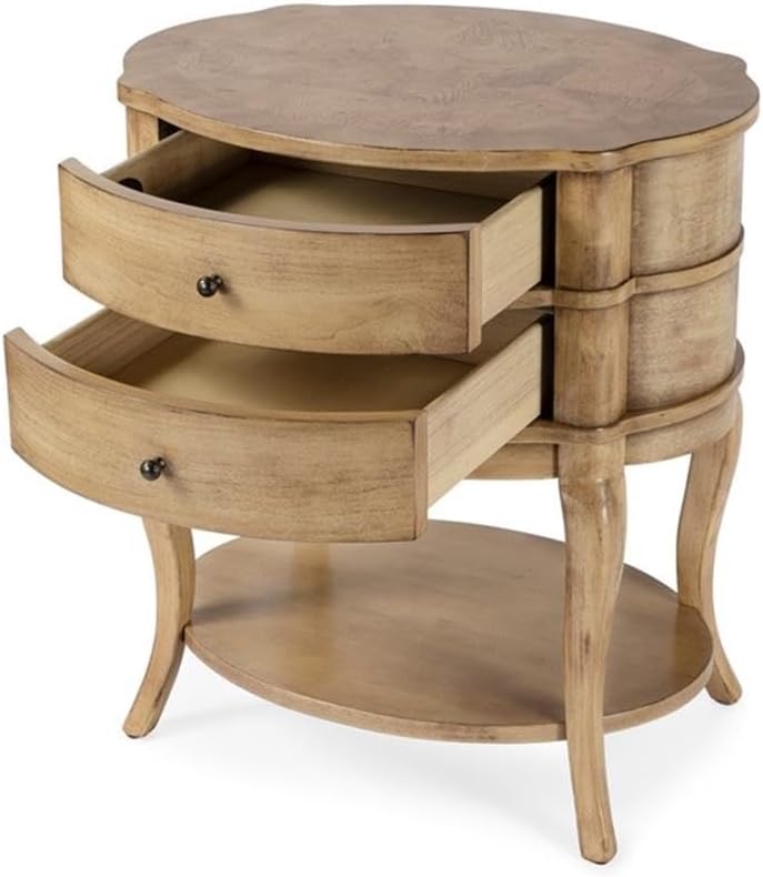 Beaumont Lane Oval 2-Drawer Side Table, Antique Beige Finish, Poplar Hardwood and Cherry Veneer, 24" W x 18" D x 26" H, Transitional Style Bedside or Chairside Table with Lower Shelf for Storage
