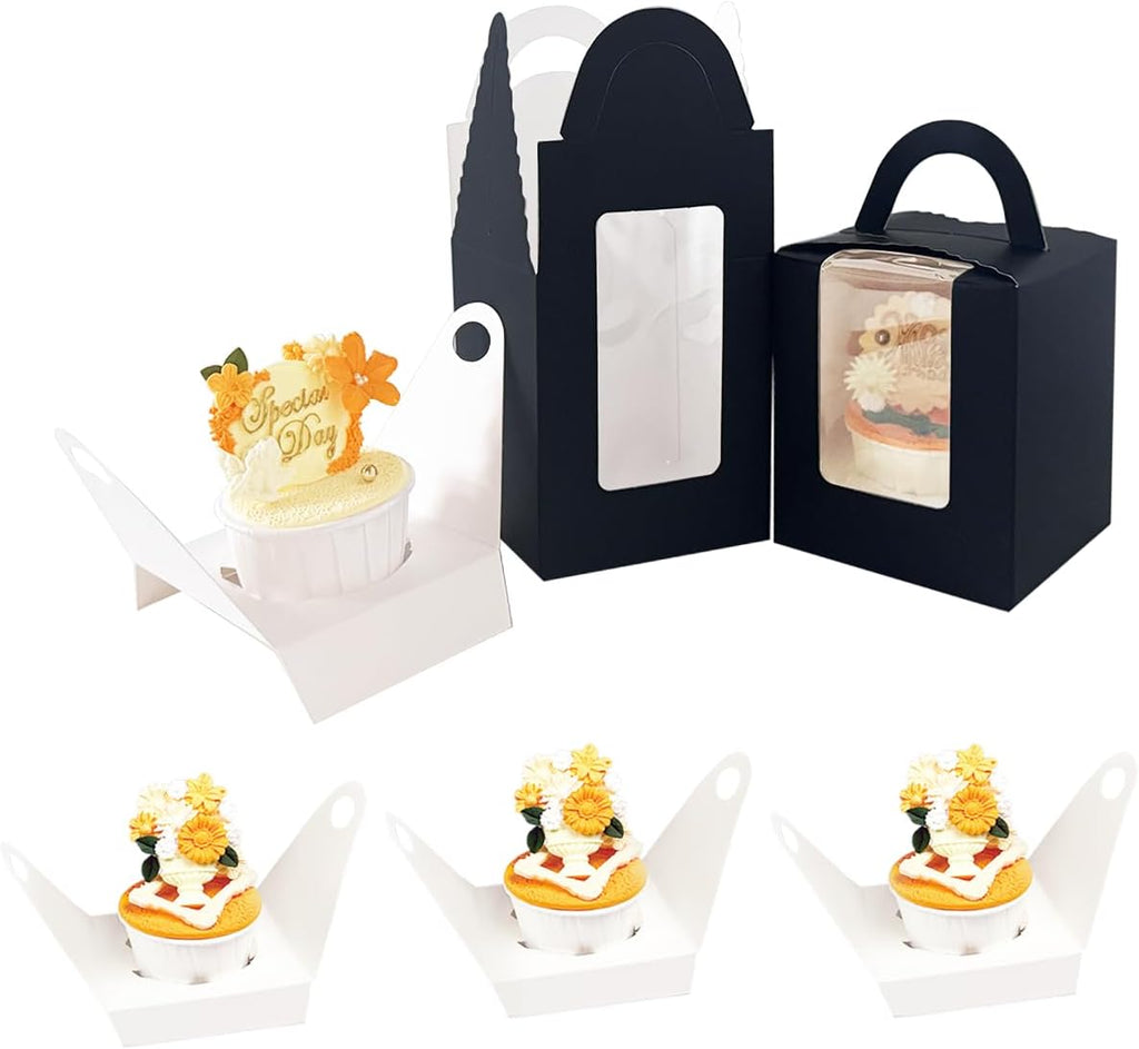 Bakepacker Individual Cupcake Boxes with Window 100 Count Black Single Cupcakes Box 3.6"X3.6"X4.3" Cupcake Carrier
