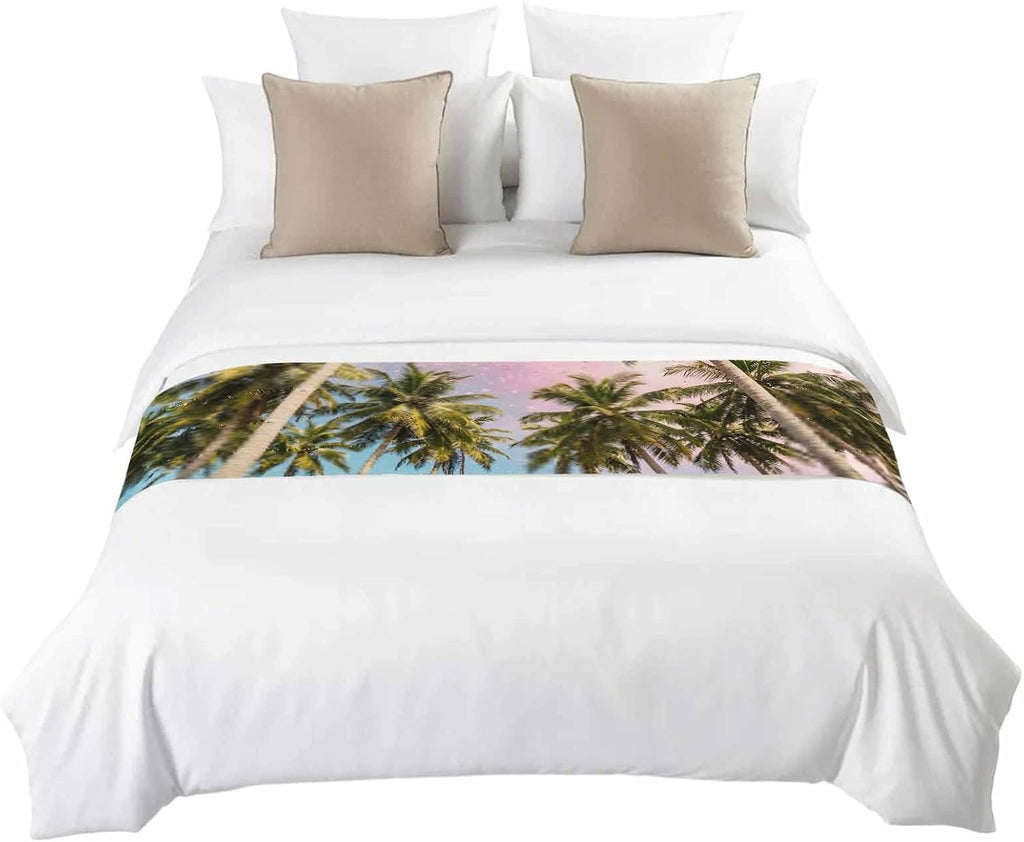 Green Coconut Trees Bed Runners for Queen Size Bed, Decorative Bed Throws for Foot of Bed, Coastal Tropical Plants Pink Blue Bed Runner Sofa Throw Bedding Scarf Protector Slipcover for Bedroom/Hotel