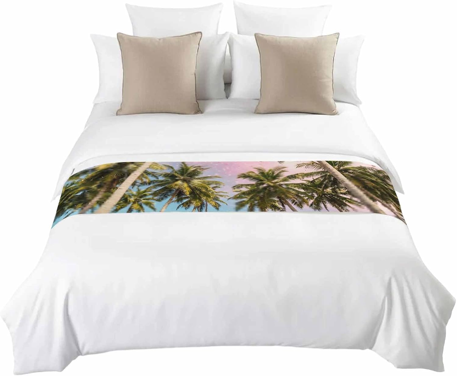 Green Coconut Trees Bed Runners for Queen Size Bed, Decorative Bed Throws for Foot of Bed, Coastal Tropical Plants Pink Blue Bed Runner Sofa Throw Bedding Scarf Protector Slipcover for Bedroom/Hotel