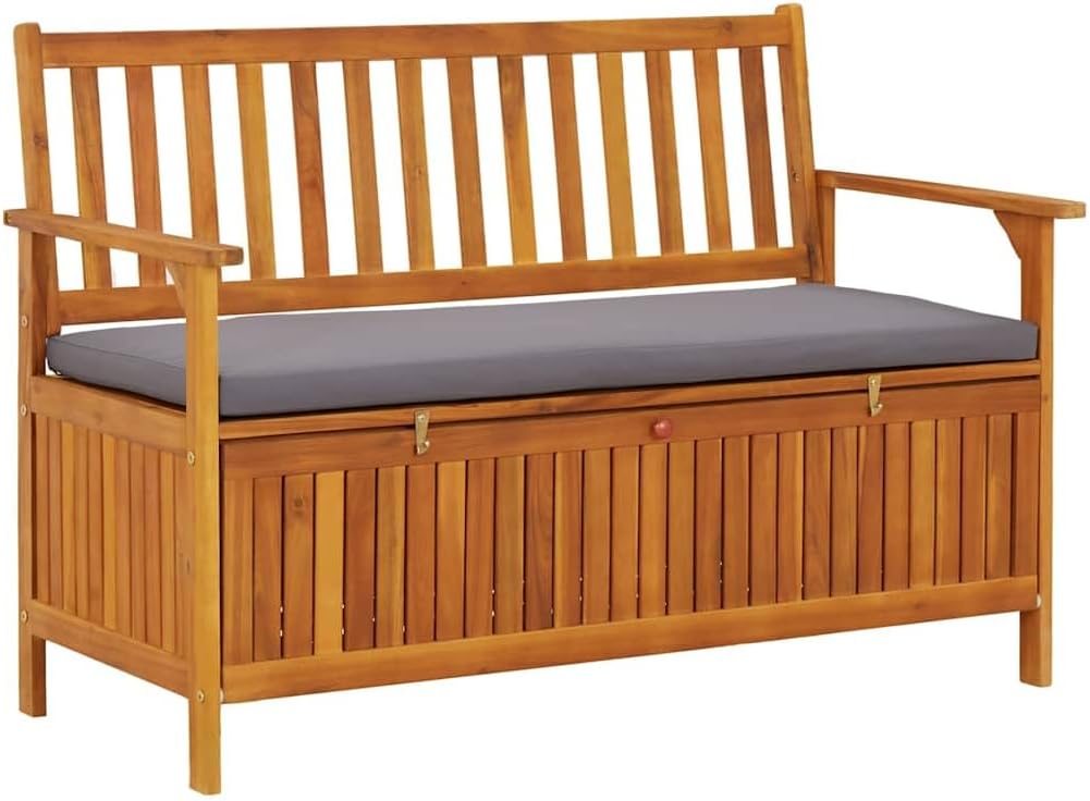 Patio Storage Bench with Cushion, 47.2 inch Outdoor Garden Seating, Solid Acacia Wood Furniture for Backyard, Porch, Deck, Gray