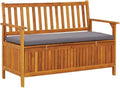 Solid Acacia Wood Patio Storage Bench with Cushion, 47.2 Inch Outdoor Garden Bench with Armrests and Backrest, Large Storage Compartment