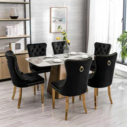 Mid Century Modern Dining Chairs Set of 6, Black Velvet Upholstered Tufted Back, Kitchen & Dining Room Chairs, Gold Metal Legs, Nailhead Trim, Sillas para Comedor (Black, 6 Pcs)