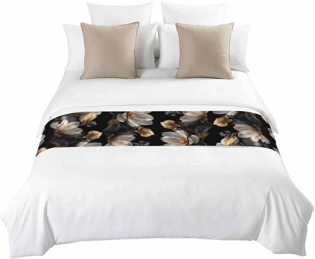 Magnolia Blossoms Bed Runner for King Size Bed, 102"x20" Retro White Floral Black Gold Leaf Branch Luxury Bed Runners & Scarves Decorative Bedding Scarf Protector Slipcover for Home Hotel