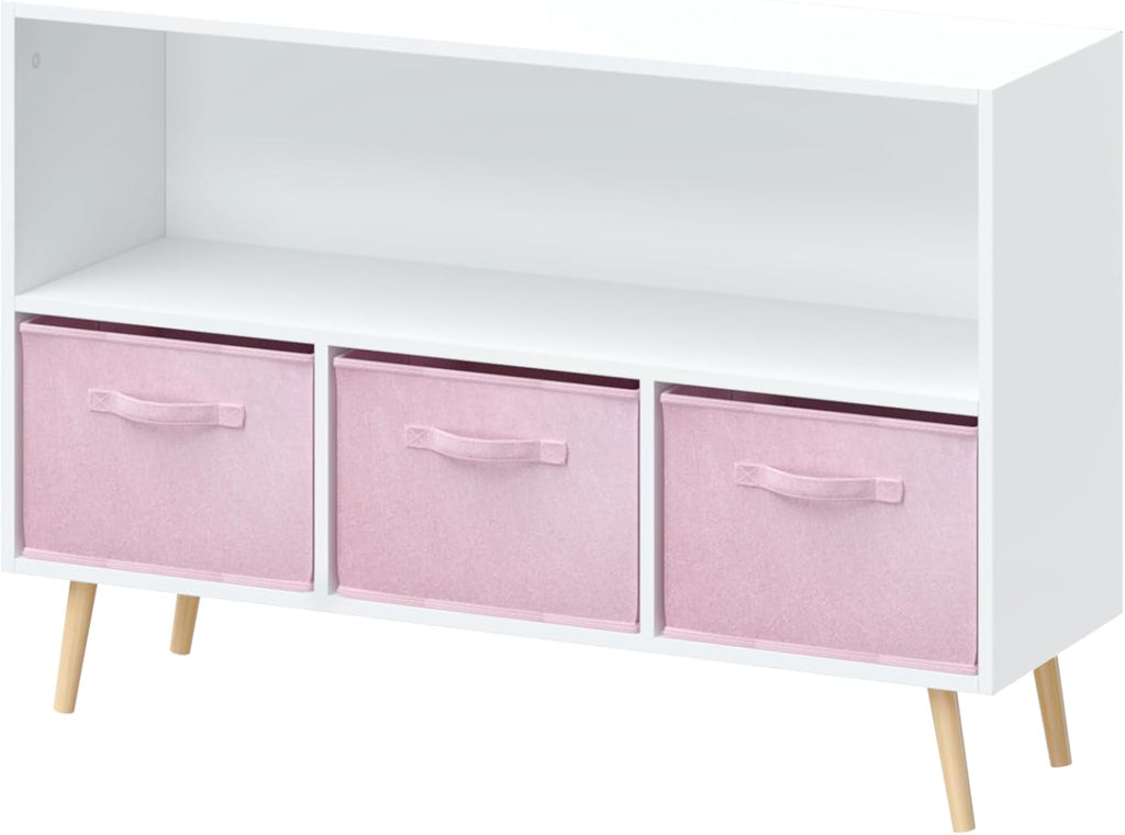 PVWIIK Kids 2-Tier Bookcase with Collapsible Fabric Drawers,Toy Storage Cabinet Organizer,Book Display Storage Cabinet Organizer,Cute for Playroom Livingroom,White/Pink