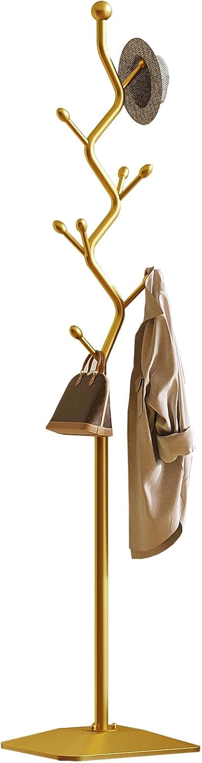 Sturdy Metal Coat rack Tree – Anti-Tip Design with 8 Hooks, Perfect for Home, Dorm, or Office Organization (gold)