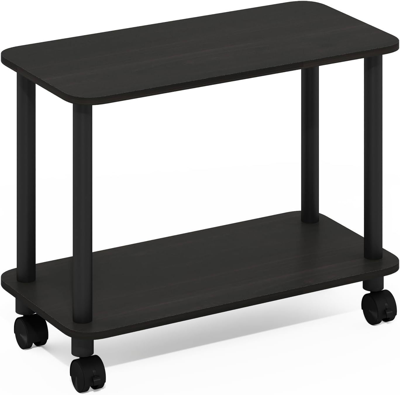 Furinno Turn-N-Tube Side Table, 2-Tier Sofa End Table with Wheels, Toolless Assembly Night Stand, Bedside Table with Open Shelf, for Living Room, Bedroom, Dark Espresso