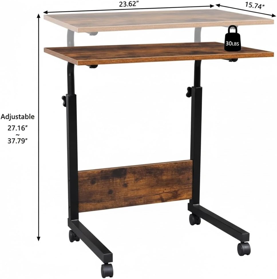 Rolling Height Adjustable C-Shaped Side Table, 15MM P2 Chipboard and Steel Laptop Cart with Edge Stopper, Rustic Brown for Living Room Bedroom Couch Bed