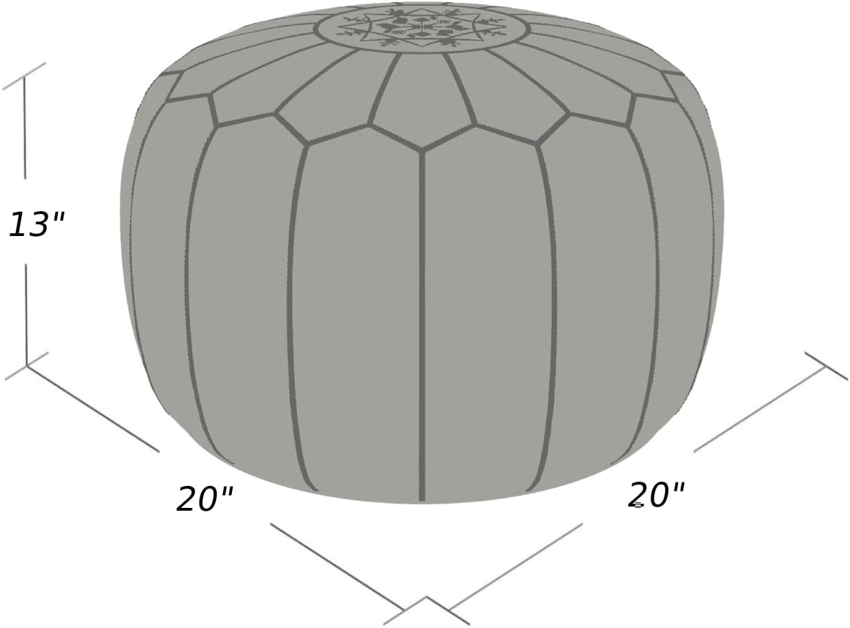 Stuffed Round Design Moroccan Leather Pouf Ottoman, Handmade, Pre-Filled, 100% Genuine Leather, 13” Height x 20” Diameter, Footstool & Living Room Décor (Dark Brown)