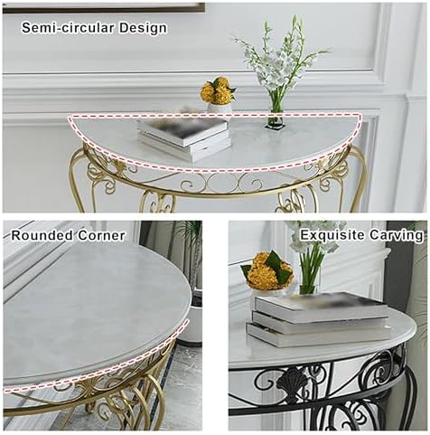 Console Table Decor Entryway Marble Scalloped Tables Behind,Half Moon Console TableFaux Marble Top Entryway Table with Ele Metal Scroll Legs SemiCle Accent Table for Hallway & Living Room (B