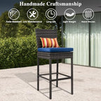 Sundale Outdoor Wicker Bar Stool Set of 2, 30 Inch Seat Height Patio Counter Height Stool with Back Rest, Rattan Woven Tall Chair with Pillow & Navy Blue Cushion, High Bar Stool - Steel, Charcoal