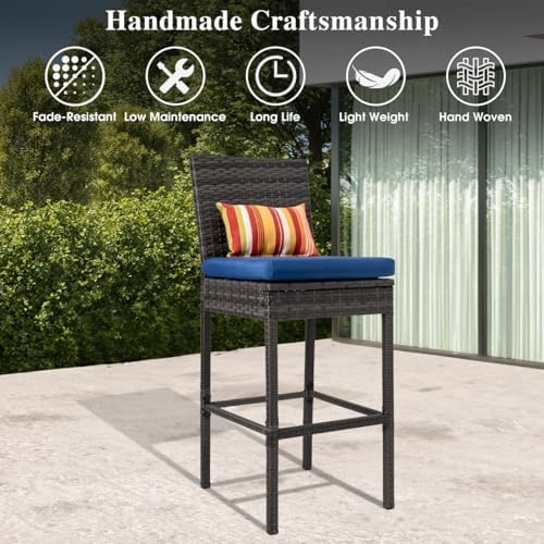 Sundale Outdoor Wicker Bar Stool Set of 2, 30 Inch Seat Height Patio Counter Height Stool with Back Rest, Rattan Woven Tall Chair with Pillow & Navy Blue Cushion, High Bar Stool - Steel, Charcoal