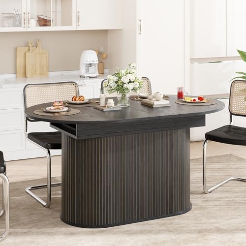 WILLIAMSPACE 70.86" Oval Extendable Dining Table with Striped Legs for 6 to 8, Modern Wooden Kitchen Table with Extension Leaves, Mid Century Dining Room Table, Easy Assemble (55.11"-70.86", Black)