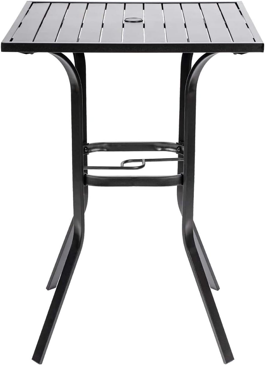 Patio Height Bar Table, Outdoor Bistro Square High Top Dining Table with 1.57'' Umbrella Hole & Steel Slat Table Top (Black)