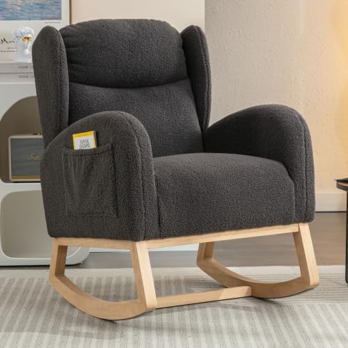 Dark Gray Teddy Rocking Chair for Nursery, Upholstered Glider Rocker with High Backrest, Comfy Accent Armchair with Wooden Legs for Living Room Bedroom