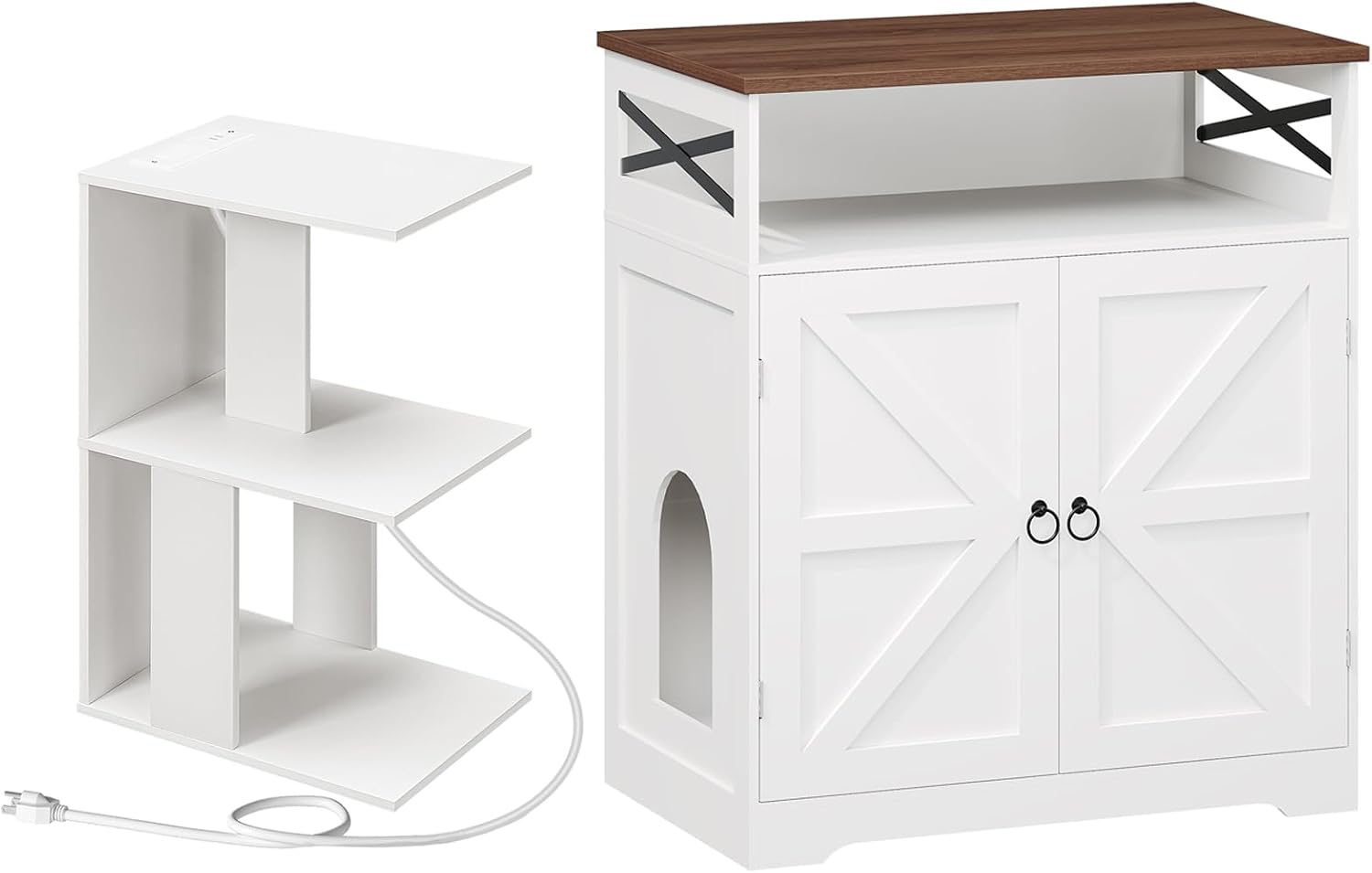 MAHANCRIS End Table and Cat Litter Box Enclosure Bundle, C-Shaped Narrow Side Table with LED Light, Wooden Cat Washroom Cabinet, for Small Spaces, Living Room, Bedroom, ETWT18E01Z-CWBZ4501