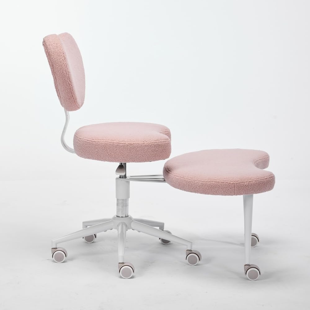 Meditation Chair Plus, Cross Legged Chair with Wheels, Black PU, Adjustable Stool - Larger Cushion, Lumbar Support, Flexible Seating for and Comfort (Pink + Teddy)