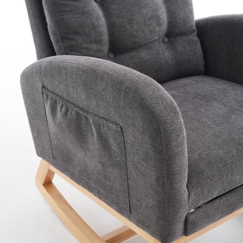 Rocking Chair Nursery with Footrest, High Back Rubber Wood Rocker for Adult Living Space, Gliding Armchair with Side Storage Pocket, Grey