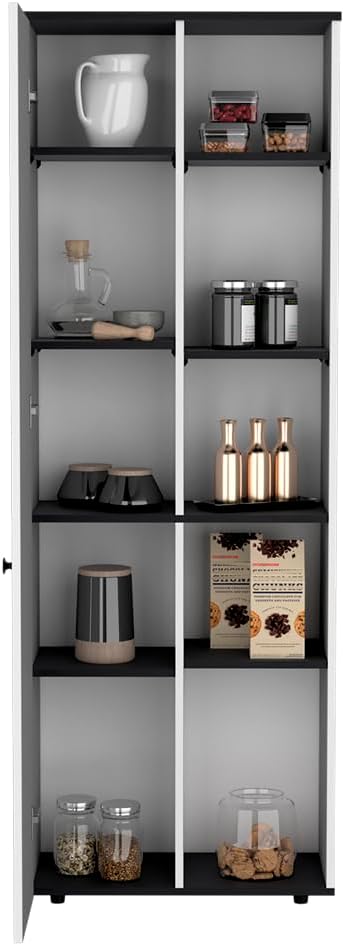 24.4" D*16.53" W*48.03" H Freestanding Kitchen Pantry with 8 Black Shelves, Single Door, Rectangular Storage Cabinet, Modern Minimalist, for Living Room, Dining Room, White