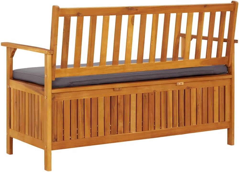 Patio Storage Bench 47.2 Inch Solid Acacia Wood Garden Bench with Seat Cushion and Storage Compartment