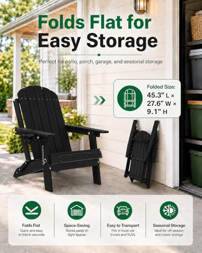 YEFU Adirondack Chairs Set of 2 for Outdoor: Folding Plastic Adirondack Chair with Cup Holder & Adjustable Back for Adult - All-Weather HDPE Weather Resistant for Patio Lawn - Easy Assembly(Black)
