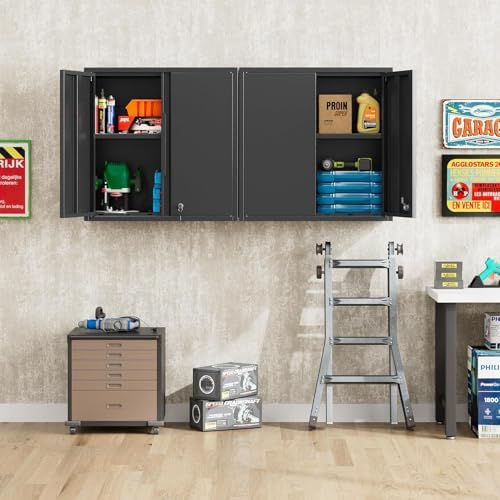 Garage Wall Cabinet, Metal Wall Cabinet with 2 Doors | 26'' Black Wall Mounted Floating Tool Cabinets for Home Office, Warehouse, Kitchen, Bathroom, Utility Room