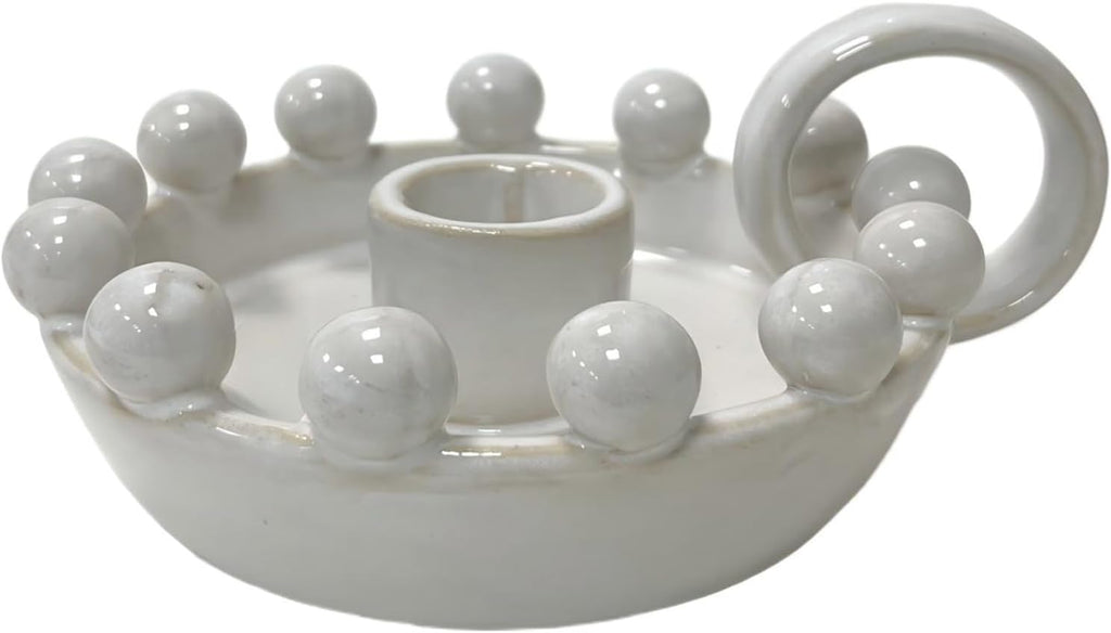 Ceramic Taper Candle Holder with Handle,Vintage White Glaze Farmhouse Beads Candlestick Holders for Mantel, Dining Home Decoration