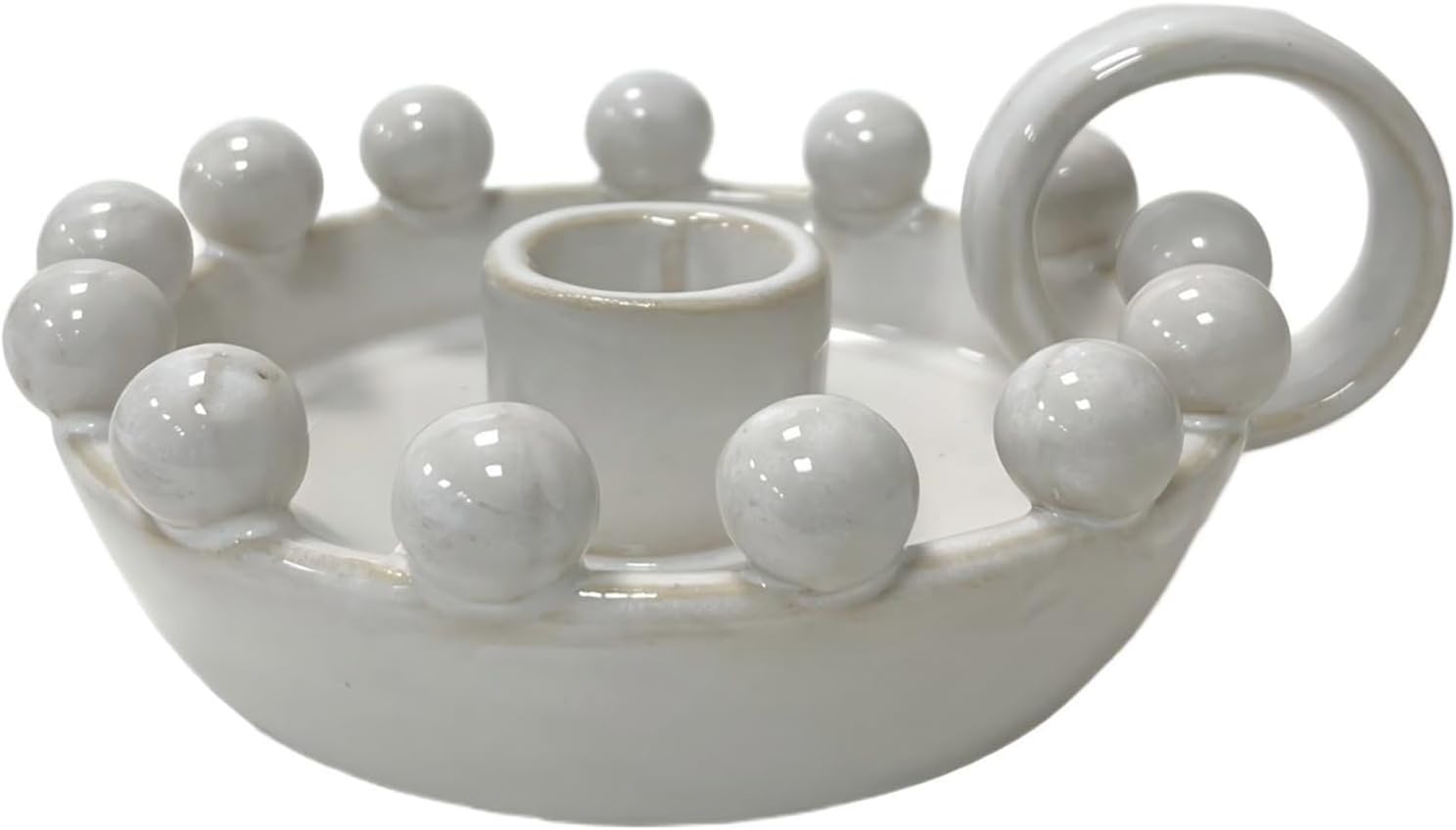 Ceramic Taper Candle Holder with Handle,Vintage White Glaze Farmhouse Beads Candlestick Holders for Mantel, Dining Home Decoration