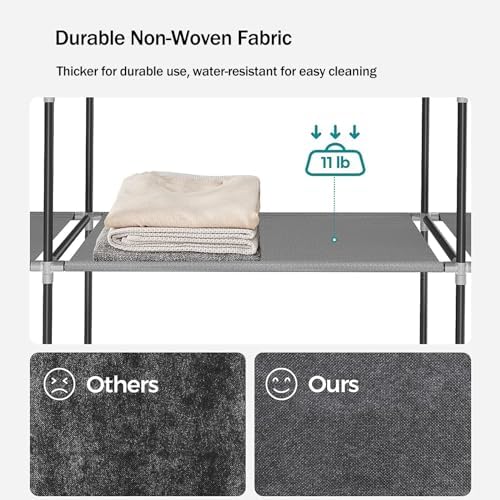 Portable Canvas Wardrobes for Bedroom,Canvas Wardrobe,Foldable Clothes Storage Organiser with Shelves,2 Hanging Rail,Clothing Wardrobe Shelves Cupboard,Grey