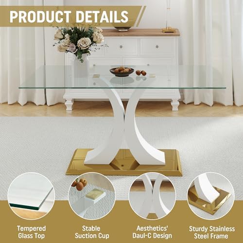 7 Pieces Modern Luxury Glass Dining Set, Large Minimalist Rectangle Dinner Set for 6, 63'' Clear Glass Top Kitchen Table Set with White & Gold Base, Black Dining Chairs, for Apartment