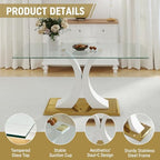 7 Pieces Modern Luxury Glass Dining Set, Large Minimalist Rectangle Dinner Set for 6, 63'' Clear Glass Top Kitchen Table Set with White & Gold Base, Black Dining Chairs, for Apartment