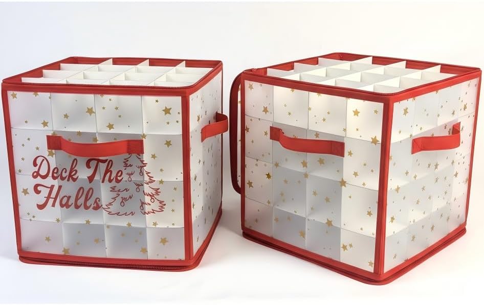 2-Pack Christmas Ornament Organizer Box with Adjustable Dividers for 64 Balls - Frosted Holiday Decor Storage Container, Space-Saving Plastic Christmas Ornaments Protection