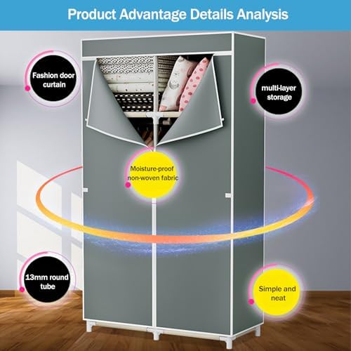 Portable Canvas Wardrobes for Bedroom,Canvas Wardrobe,Foldable Clothes Storage Organiser with Shelves,2 Hanging Rail,Clothing Wardrobe Shelves Cupboard,Grey