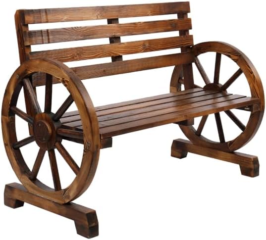 Rustic 2 Person Wooden Wagon Wheel Outdoor Bench, Solid Fir Wood Patio Garden Bench with Slatted Seat & Backrest, Brown Vintage Yard Leisure Chair