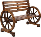 Rustic 2 Person Wooden Wagon Wheel Outdoor Bench, Solid Fir Wood Patio Garden Bench with Slatted Seat & Backrest, Brown Vintage Yard Leisure Chair