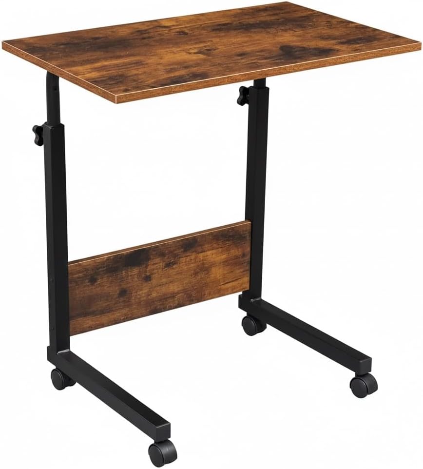 Rolling Height Adjustable C-Shaped Side Table, 15MM P2 Chipboard and Steel Laptop Cart with Edge Stopper, Rustic Brown for Living Room Bedroom Couch Bed