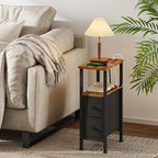 Narrow Side Table for Small Spaces, Skinny End Table with Charging Station, Sofa Beside Table with 2 Drawers 1 Open Compartment, Slim Nightstand with USB Ports Outlet, Rustic and Brown UTBT005FV2