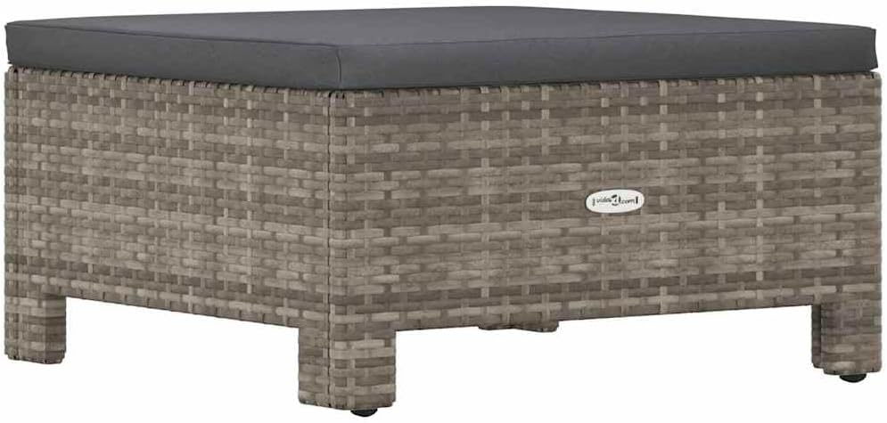 Patio Ottoman Outdoor Wicker Footstool, Garden Footrest with Dark Grey Cushion, Poly Rattan Modular Furniture Foot Rest for Backyard, 22.4 x 22.4 x 11 Inches