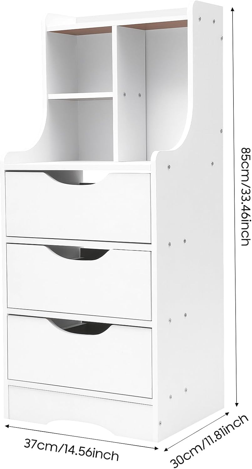 Nightstand White Bedside Table with 3 Drawers & 3 Open Bookshelf End Table Modern End Side Table Storage Cabinet for Living Room, Bedroom, Study Room, 14.56L*11.81W*33.46H inch