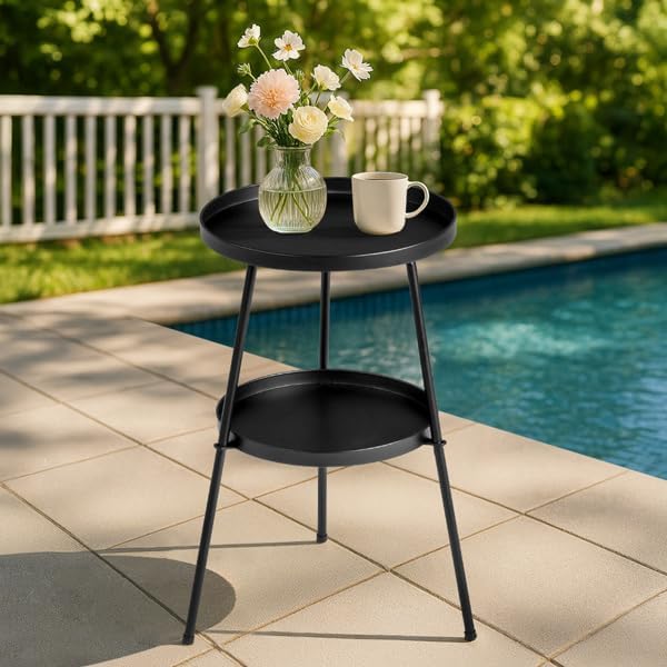 Everoot 2 Tier End Table - Metal Side Table Waterproof Small Sofa Coffee Side Tables Bedroom Indoor Outdoor with Removable Tray for Living Room Bedroom Balcony and Office (Black)