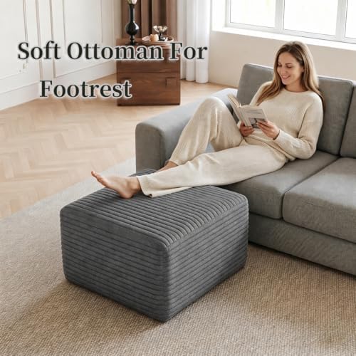 25.6" Corduroy Ottoman for Living Room,Plush Upholstered Ottoman for Couch,Memory Foam Compressed Sofa in A Box No Assembly Require,Dark Grey