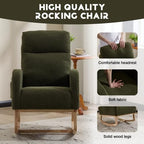 Green Upholstered Teddy Glider Rocker, High Back Armchair with Side Pocket and Solid Wood Legs, Modern Nursery Rocking Chair for Living Room Bedroom Office