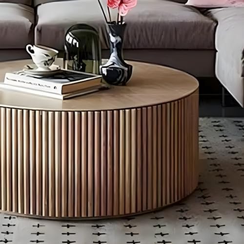 Minimalist Solid Wood Drum End Table, Fluted Round Design, Fully Assembled Nightstand for Living Room, Bedroom, Entryway, Stylish & Functional Accent Furniture