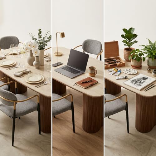 Honyee Sintered Stone Dining Table for 6–8, 78.7" Rectangular Kitchen Table, Real Travertine Top, Rounded Corners, Walnut Pedestal Base, Large Modern Dining Room Table